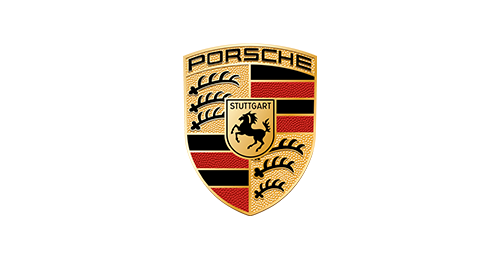 Porches snygga logga i svart, guld och röd.