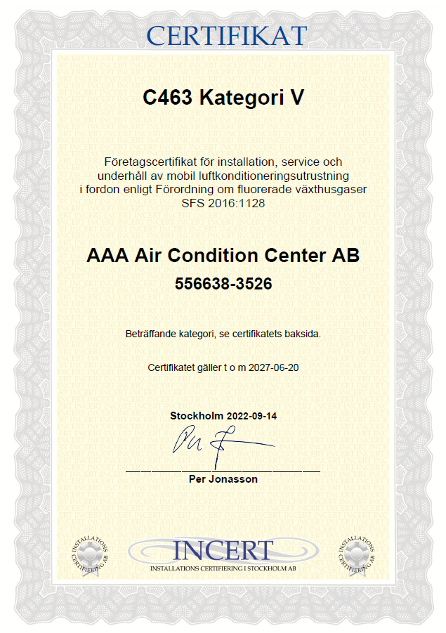 AAA Air Condition center Certifikat för installation, service och underhåll av luftkonditioneringsutrustning.